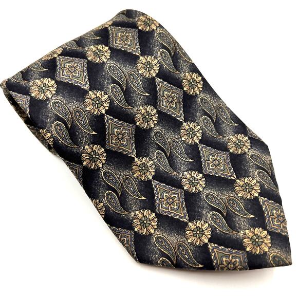 Johnny Carson - Men's Tie - Floral Paisley All Over Design -Black Gray Tan -Silk - Picture 1 of 5